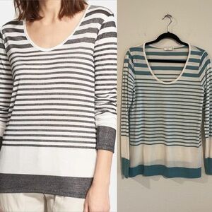 Vince Women’s Shirt Small Green & Cream Stripe Cotton Blend Quiet Luxury Preppy
